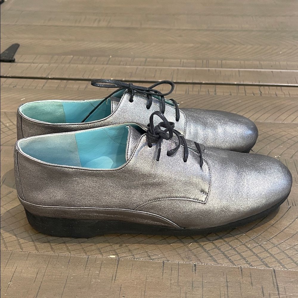 Thierry Rabotin Pewter Metallic Leather Oxford Shoes Size 38